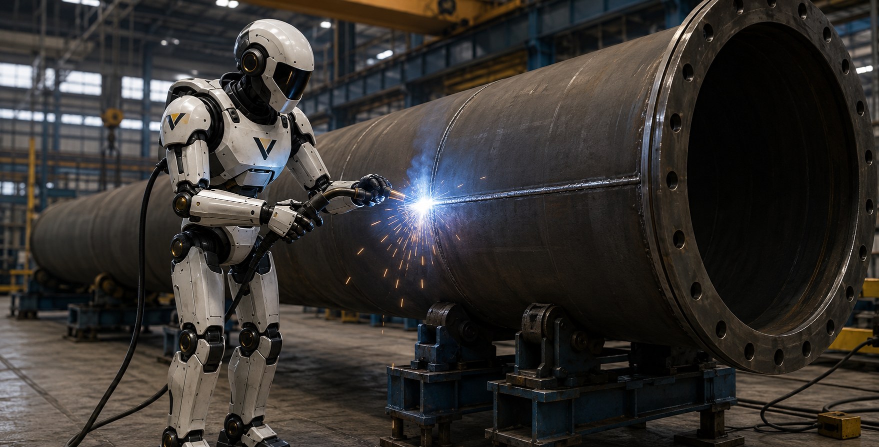 Vyomax humanoid robot welding a large-diameter steel pipe in a fabrication yard.