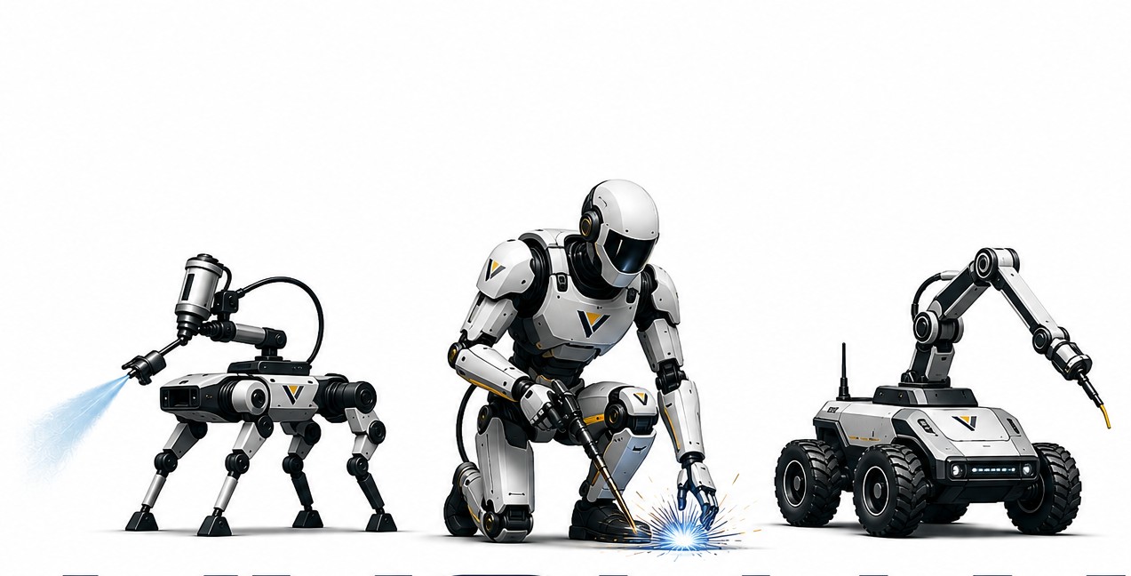 The three Vyomax chassis types side by side: a quadruped spraying, a kneeling humanoid welding, and a wheeled rover with a tooling arm extended.